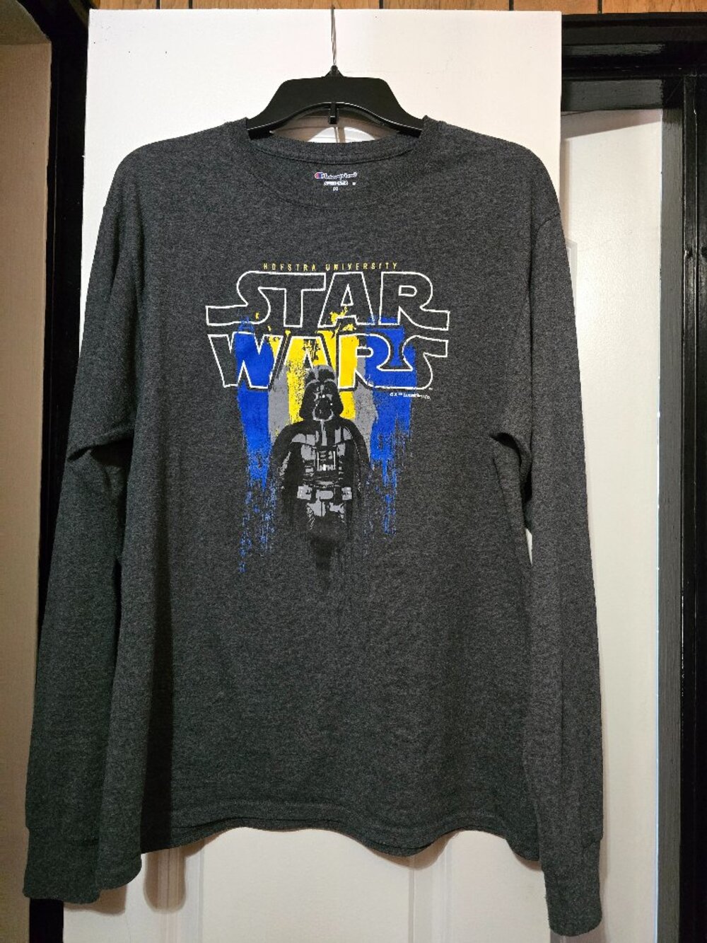 Champion Men’s Star Wars Dark-Grey Long Sleeve Tee W Blue & Yellow Graphic Mediu